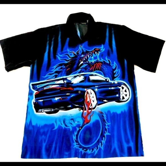 ODO mens black dragon car retro button down shirt size Large - Picture 1 of 8